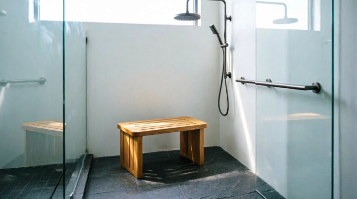 Bathroom grab bar ideas with a teak shower bench and horizontal safety grab bar