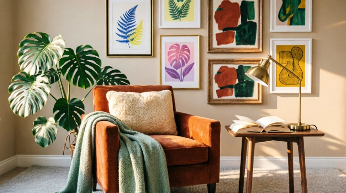 Bedroom reading nook ideas with a personalized gallery wall, armchair, books, and warm lighting