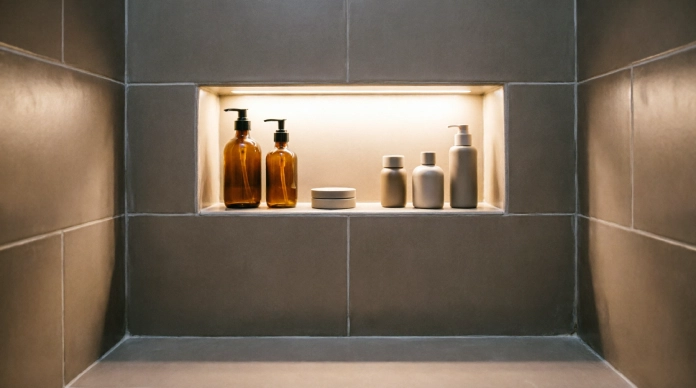 Curbless shower ideas with a recessed shower niche for organized storage
