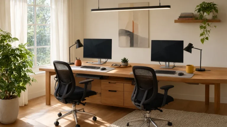 Shared home office ideas for two with dual desks and ergonomic chairs