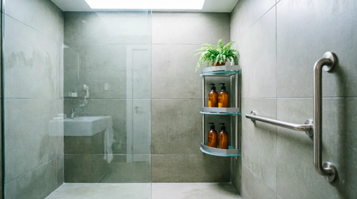Bathroom grab bar ideas featuring a shower grab bar with built-in shelves