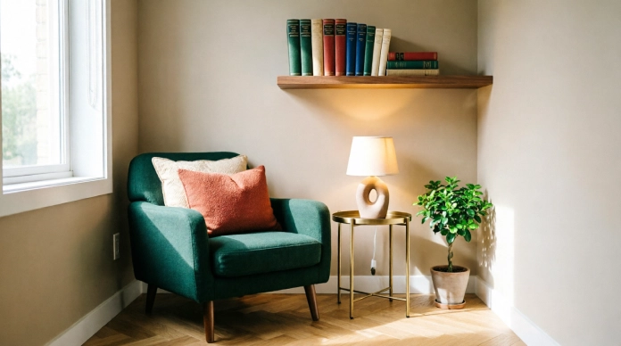 Bedroom reading nook ideas for a small space with a compact accent chair and wall shelves
