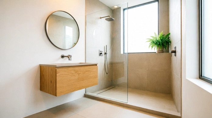  Curbless shower ideas for small bathrooms with light tiles and clear glass