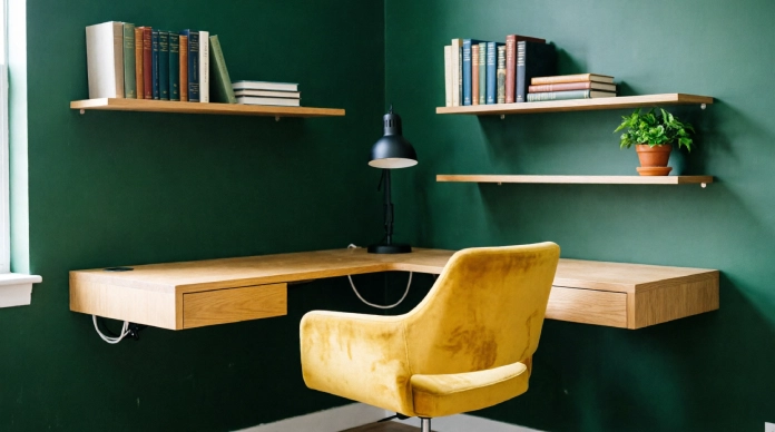 10 Stylish Awkward Living Room Corner Ideas for Empty Dead Space 3 Awkward living room corner ideas featuring a floating oak desk, mustard chair, and green accent wall