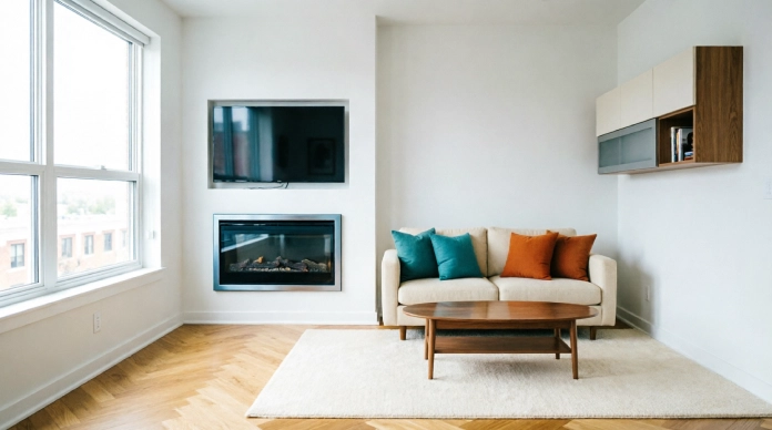 15 Brilliant Living Room Layout Ideas with Fireplace and TV (2026 Guide) 2 Living room layout ideas with fireplace and TV using compact furniture in a small apartment