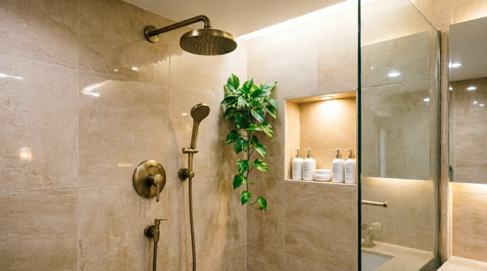  Curbless shower ideas featuring a rainfall showerhead and warm stone tiles