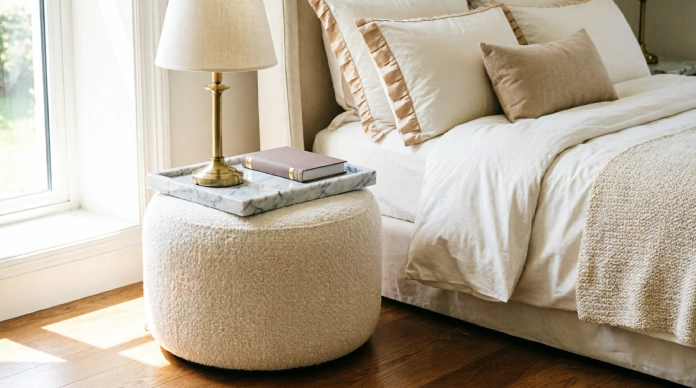 Storage ottoman as a luxurious bedside table alternative in a modern bedroom
