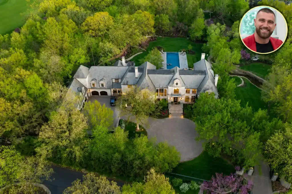 Travis Kelce House featuring a grand stone mansion, landscaped grounds, a private swimming pool, and a circular portrait of Travis Kelce