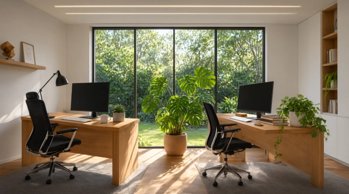 Shared Home Office Ideas for Two with desks beside a large window