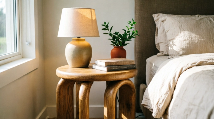 Wooden stool as one of the stylish bedside table alternatives in a modern bedroom