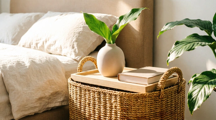 Woven basket as a bedside table alternative with a wooden tray in a cozy bedroom