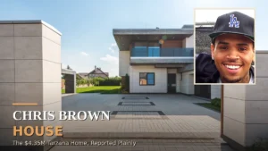 Chris Brown house, a modern home with a wide driveway, with a photo of Chris Brown