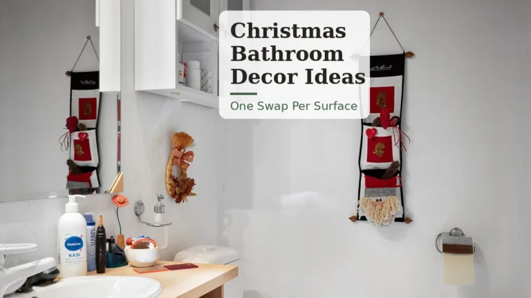 A Small Room, Dressed for December, That Still Works Every Morning 9 Christmas bathroom decor ideas: a bright bathroom with a mirror, sink and festive hanging wall decoration