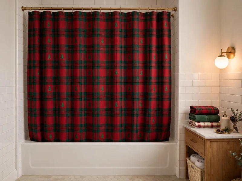 A Small Room, Dressed for December, That Still Works Every Morning 2 A tartan shower curtain with small tree motifs in a bright bathroom, with folded towels on the vanity beside it.