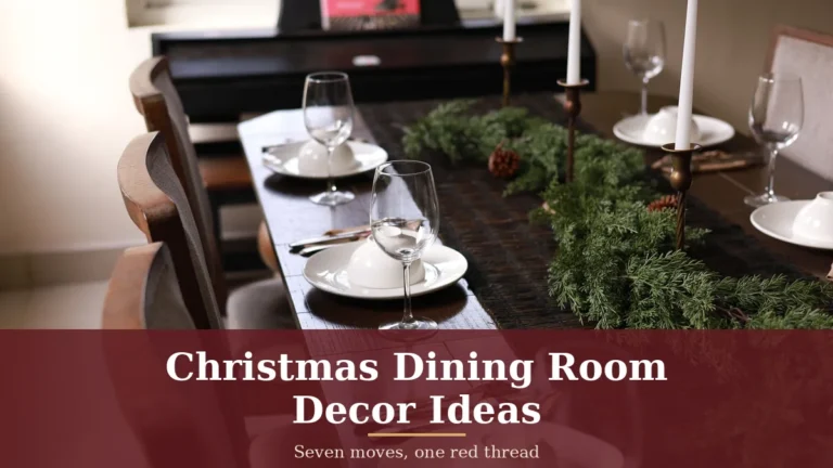 Seven Moves That Turn the Dining Table Into Christmas 12 Christmas dining room decor ideas: a dining table set for Christmas dinner with a low garland centerpiece and tall white candles