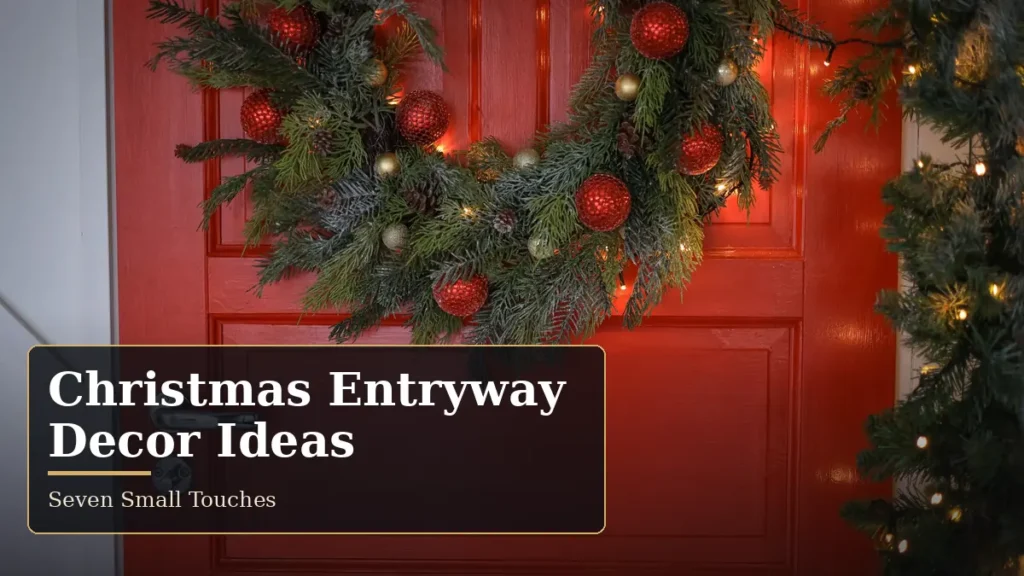 Christmas entryway decor ideas with a lush wreath of red baubles and warm lights on a red front door