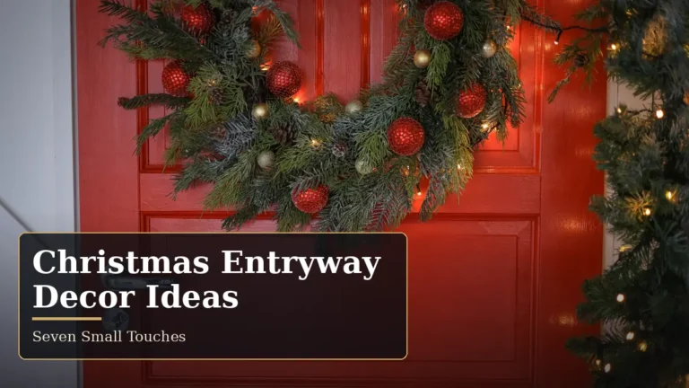 Seven Small Touches That Make the Hallway Feel Like Christmas 8 Christmas entryway decor ideas with a lush wreath of red baubles and warm lights on a red front door