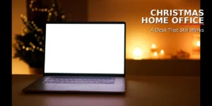 Christmas home office decor ideas: a laptop on a clear desk with a lit Christmas tree and warm candles behind it