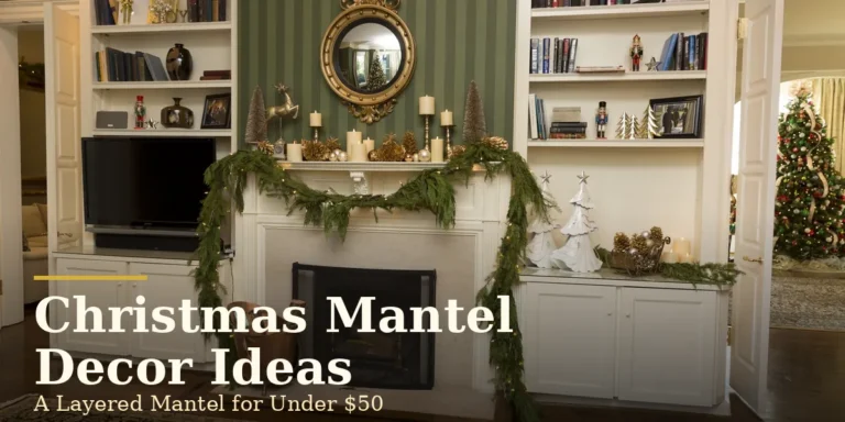 One Garland, One Glow, One Row of Stockings: A Mantel That Holds the Room 8 A dressed Christmas mantel decor ideas display with a draped evergreen garland and a round gold mirror above the fireplace