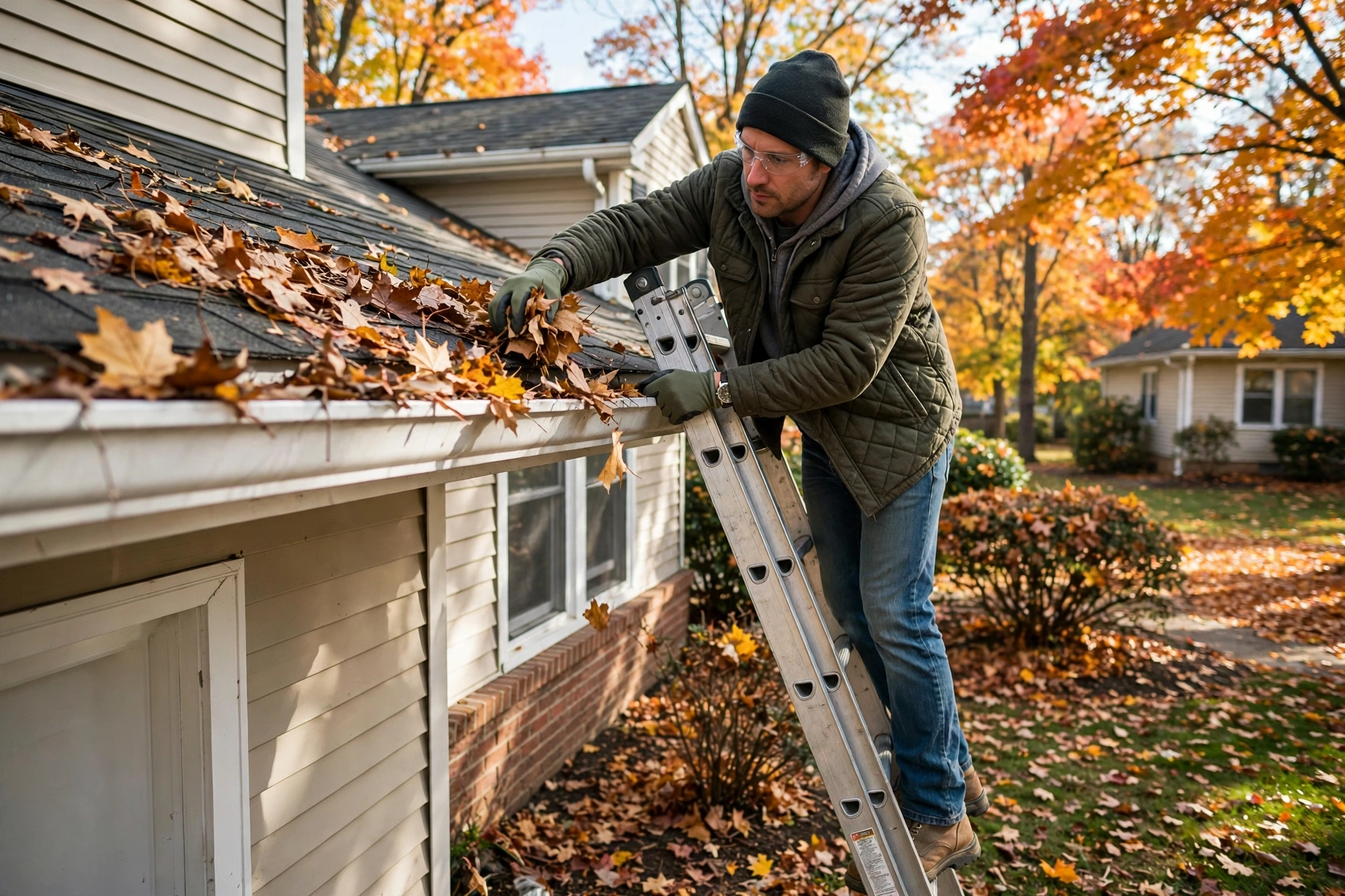 Cleaning gutters to prevent ice dams when winterizing your home