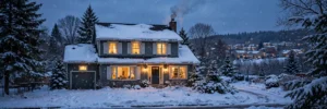 A cozy snow-covered house exterior at dusk