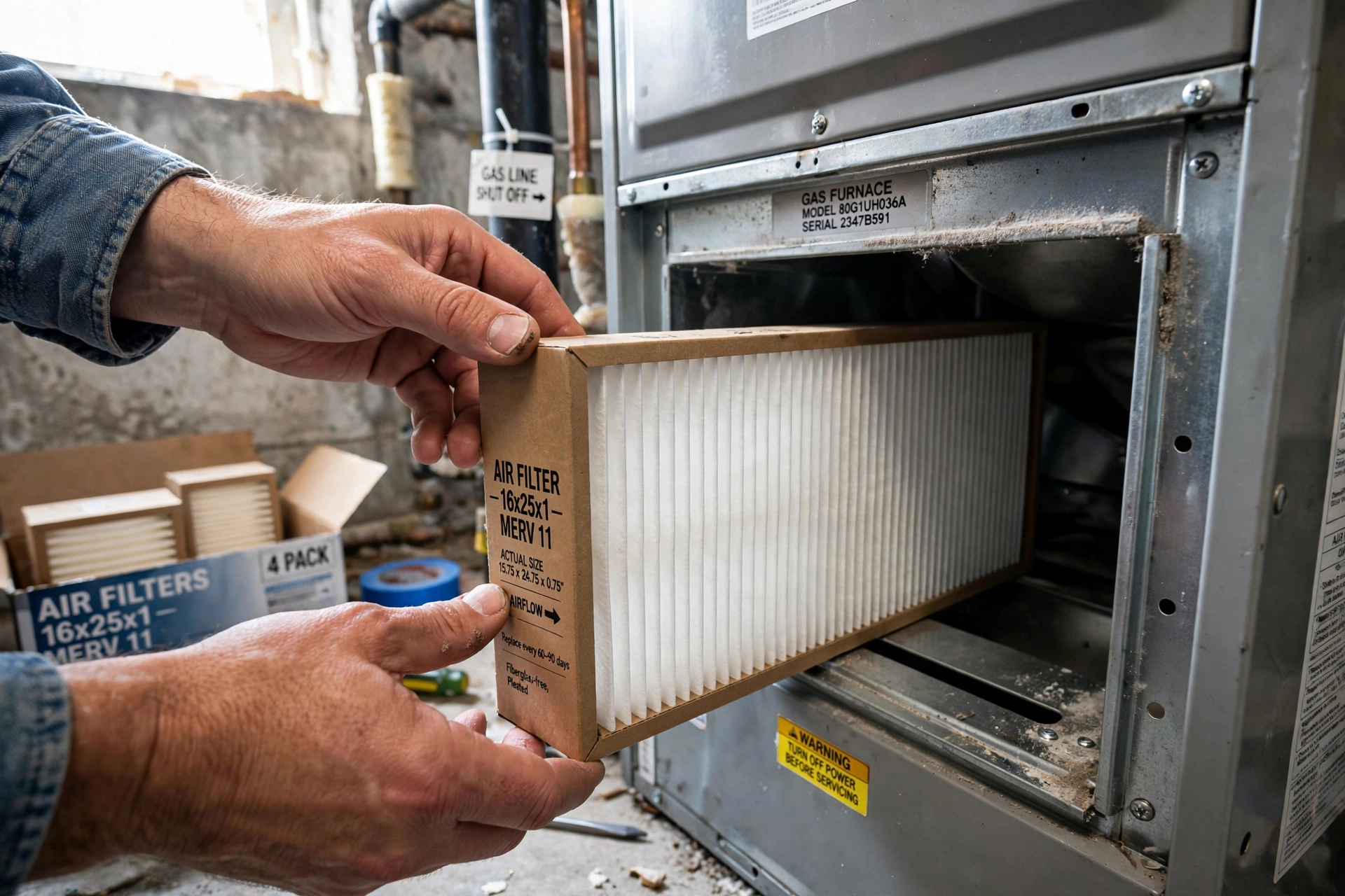 Replacing a furnace filter as part of winterizing your home