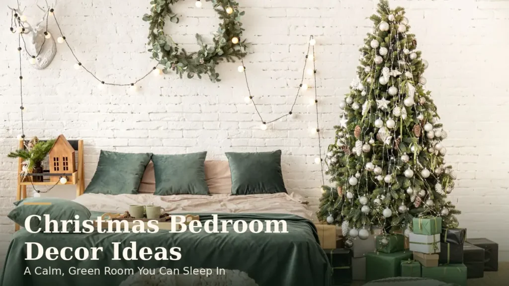 A Calm, Green Holiday Bedroom You Can Actually Sleep In 9 Christmas bedroom decor ideas with a green bed, a eucalyptus wreath on a white brick wall and a tree with white ornaments beside the bed
