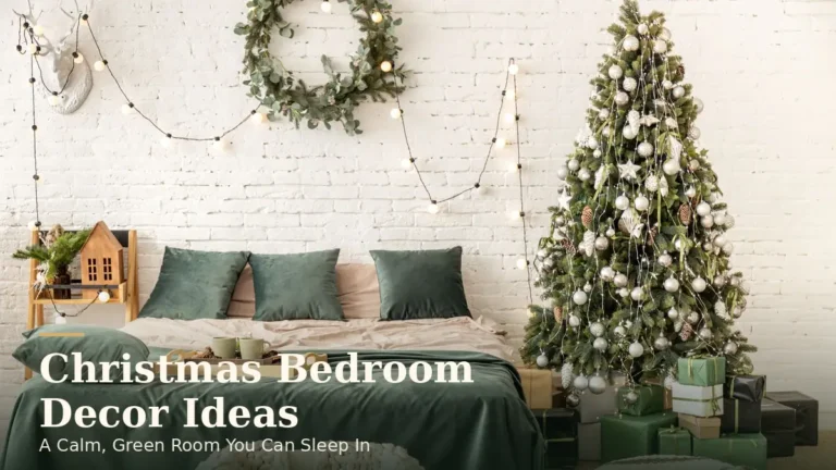 A Calm, Green Holiday Bedroom You Can Actually Sleep In 10 Christmas bedroom decor ideas with a green bed, a eucalyptus wreath on a white brick wall and a tree with white ornaments beside the bed