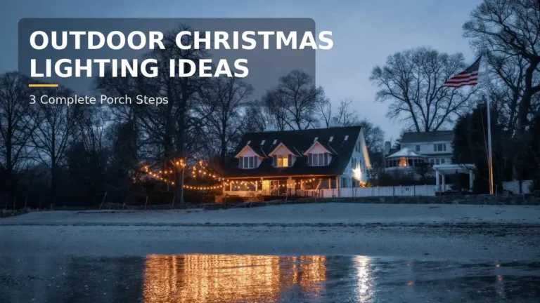 A Front Door That Glows All December, Hung Without a Single Nail 14 Outdoor Christmas lighting ideas: a house at dusk with warm string lights along the porch, their glow reflected on wet sand in front.
