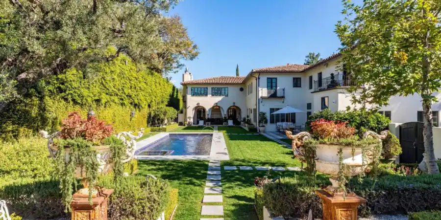 The Ozzy Osbourne house backyard pool and gardens in Hancock Park, Los Angeles