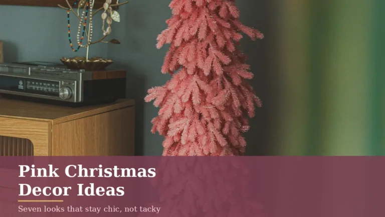 7 Ways to Make Pink Feel Like Christmas, Not a Party 9 Pink Christmas decor ideas: a blush pink Christmas tree standing in a living room corner beside a wooden cabinet.