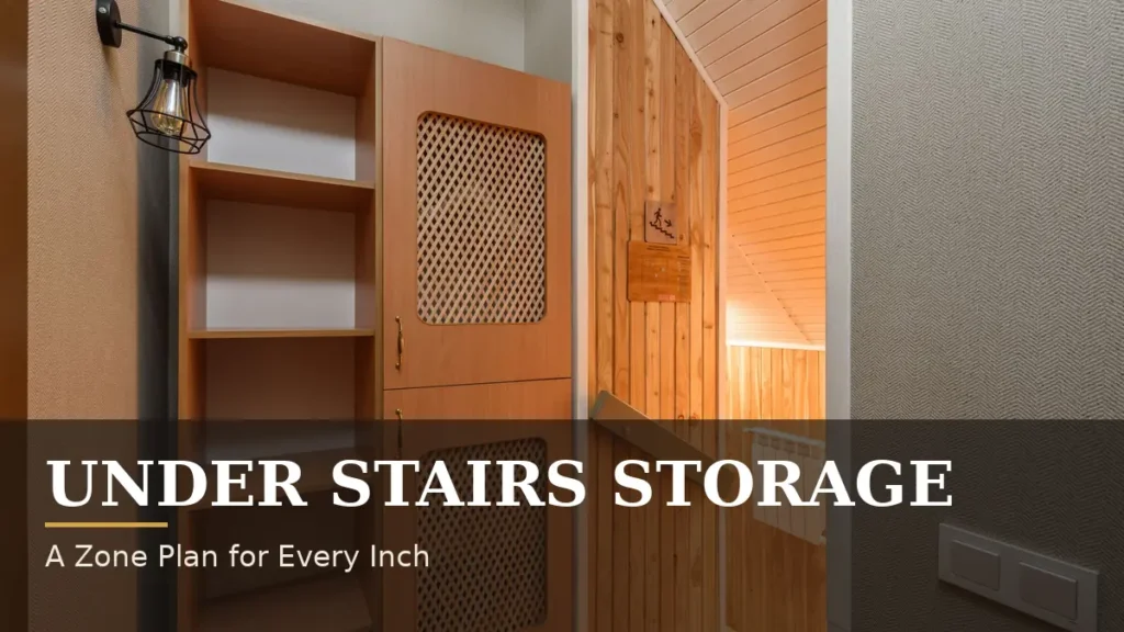 The Triangle Under Your Stairs Is Already Storage 23 Under stairs storage: open shelves and lattice-front cupboard doors beside a wooden stairwell